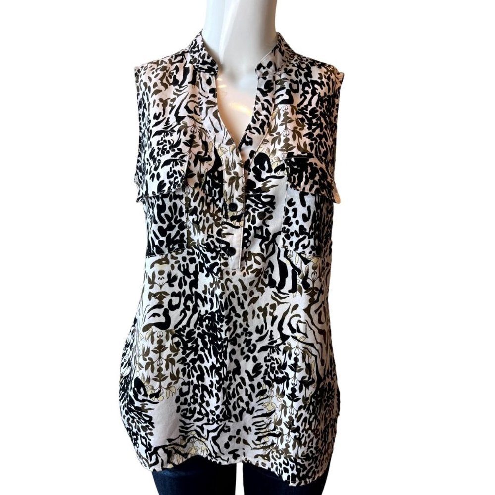 Notations Women Henley Blouse Top Animal Leaf Print Snap Front Button Black Whit